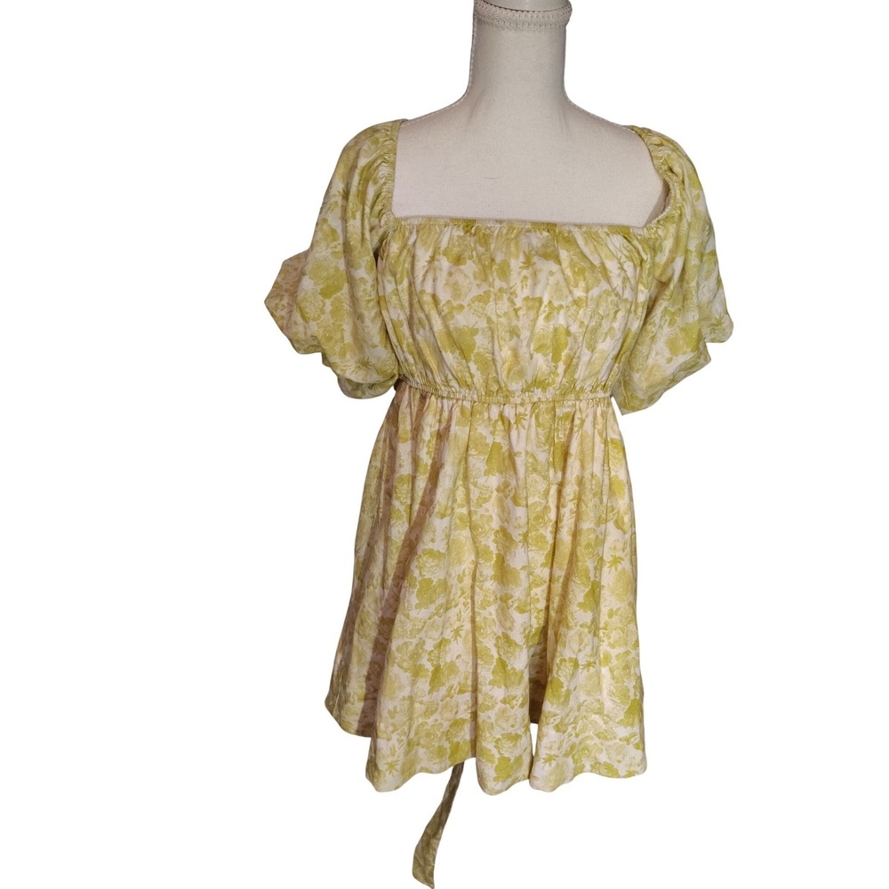 Mable Yellow Floral Cotton Linen Puff Sleeve Smocked Mini‎ Dress Womens Medium